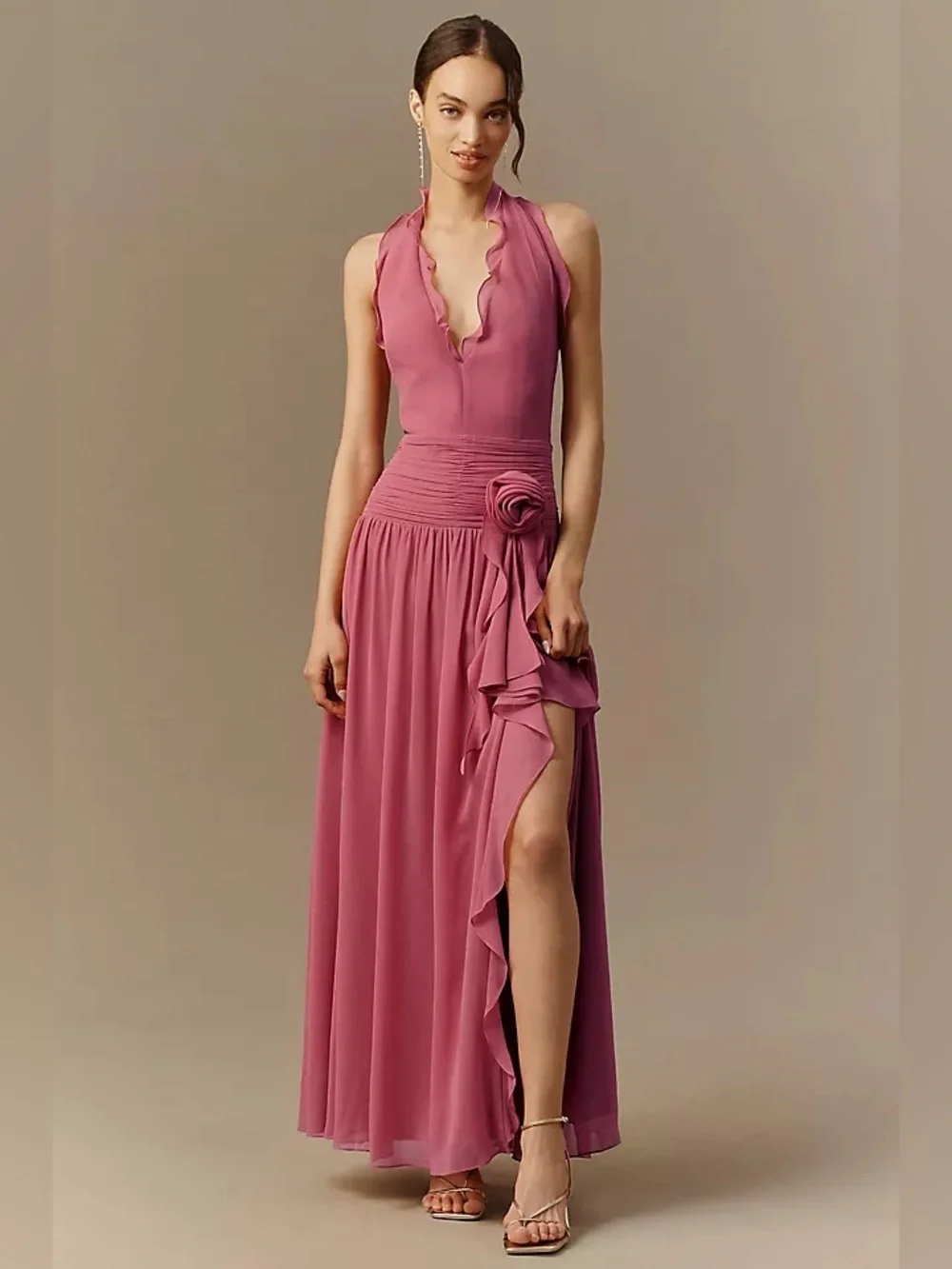 BHLDN Plunge Halter-Neck Chiffon Maxi Dress Size 4
